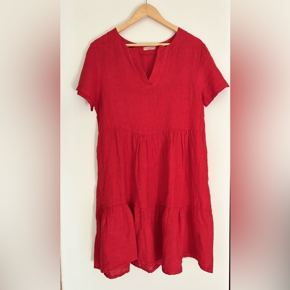 Giusy made in Italy 100% Linen Babydoll Dress Short Sleeve Split V-neck small